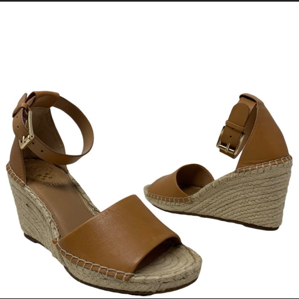 New Vince Camuto Leera Tan Leather Espadrille Wedge Sandal Size 7.5